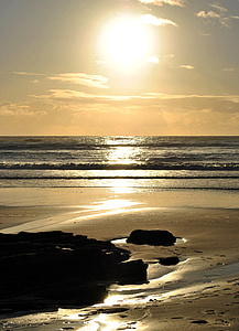 solnedgang, stranden, solen, sjøen, ettermiddag, kysten