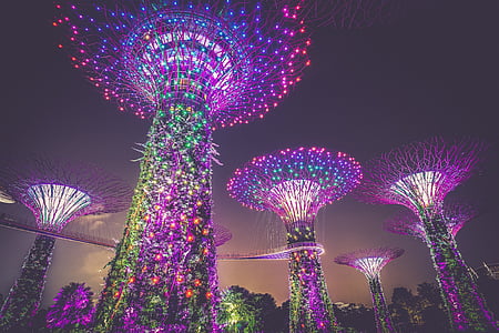artificial trees, illumination, buildings, colorful, architecture, modern, contemporary