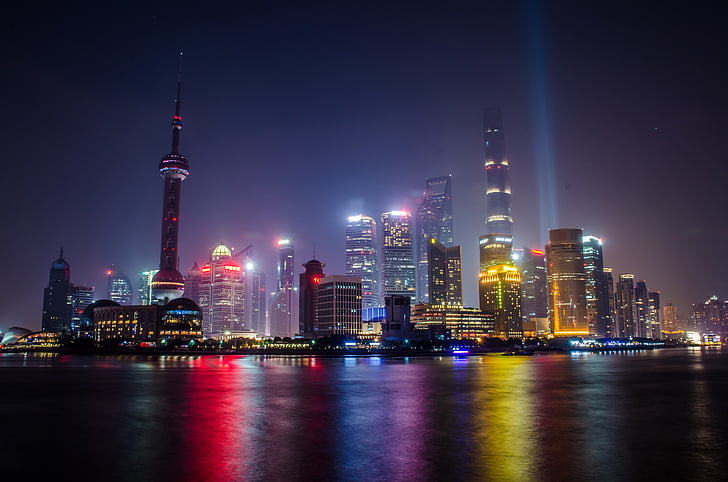 Shanghai, paisaje urbano, luz, noche, edificio, Asia, paisaje urbano