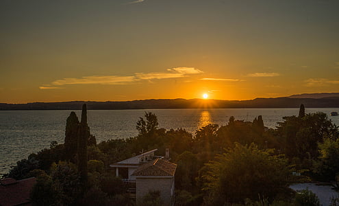 coucher de soleil, Lac de garde, Italie, paysage, eau, été, bleu