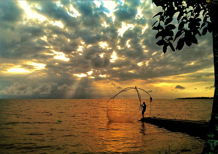 рибари, морето, плаж, слънце, небето, нето, риболовен прът