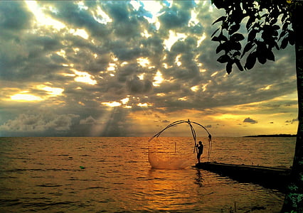 ribari, mora, plaža, Sunce, na nebu, neto, štap za ribolov