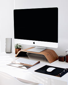 iMac, πληκτρολόγιο, ποντίκι, υπολογιστή, ηχεία, γραφείο, λευκό