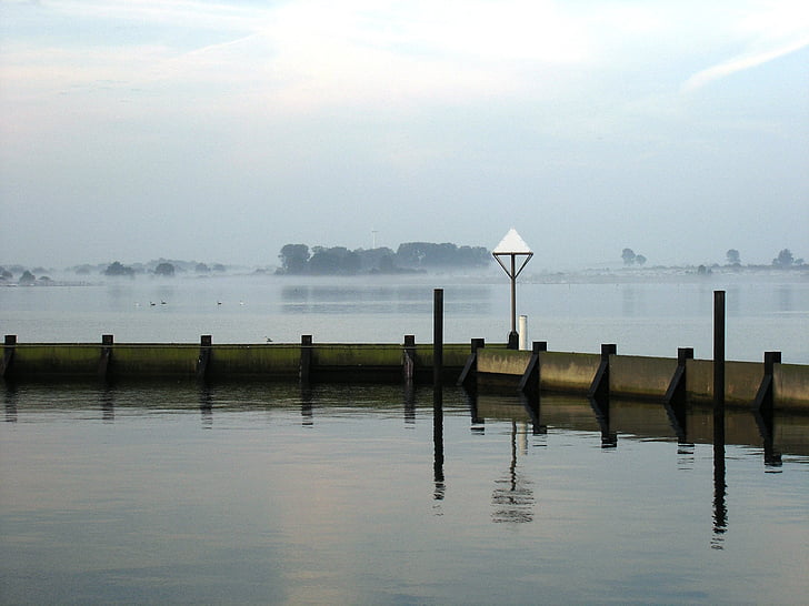 fog, port, lake, marina, mirroring, haze, shadow