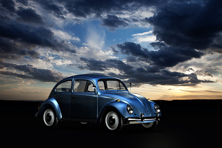 automobile, automotive, beetle, car, classic, clouds, sky