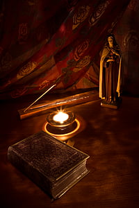 Católica, Santo, St mary, vela, Bíblia, incenso, luz