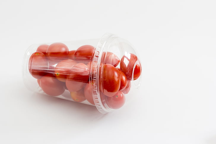 tomatid, kirss, kirsstomatid, tarrina, esitlus, kaubanduse, plastikust