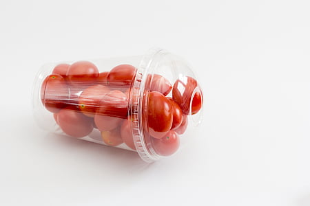 tomāti, Ķirsis, Cherry tomāti, tarrina, prezentācija, tirdzniecība, plastmasas