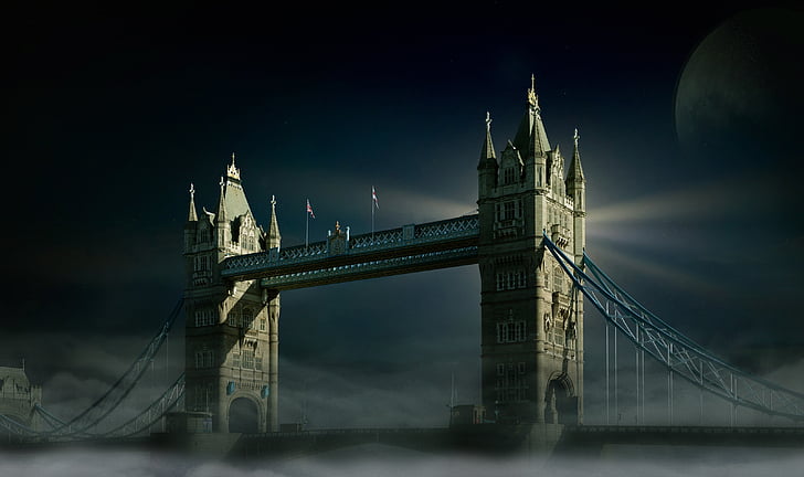 stadsbild, moln, mörka, kvällen, landmärke, London, London bridge