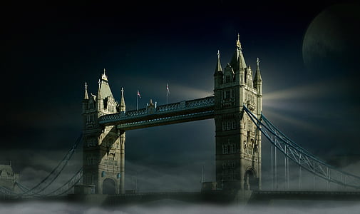 Londono Tauerio tiltas, Londonas, mėnulis, rūkas, dangus, Luna, Pilnatis
