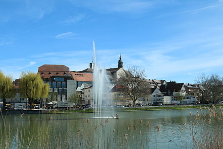 Böblingen, mesto, jazero, domy, kostol, výhľadom na mesto, mesto