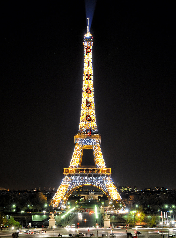 Eiffel-torni, Pixabaysta, valot, Pariisi, muistomerkki, arkkitehtuuri, välkyntä