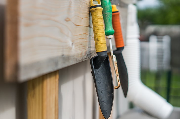blur, close-up, equipment, gardening tools, gardening trowel, hanging, macro