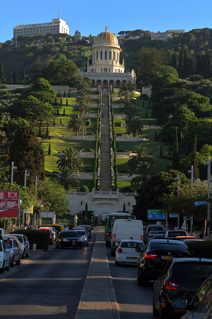 bahá ' í faith, temple, haifa, car, street, traffic, urban Scene