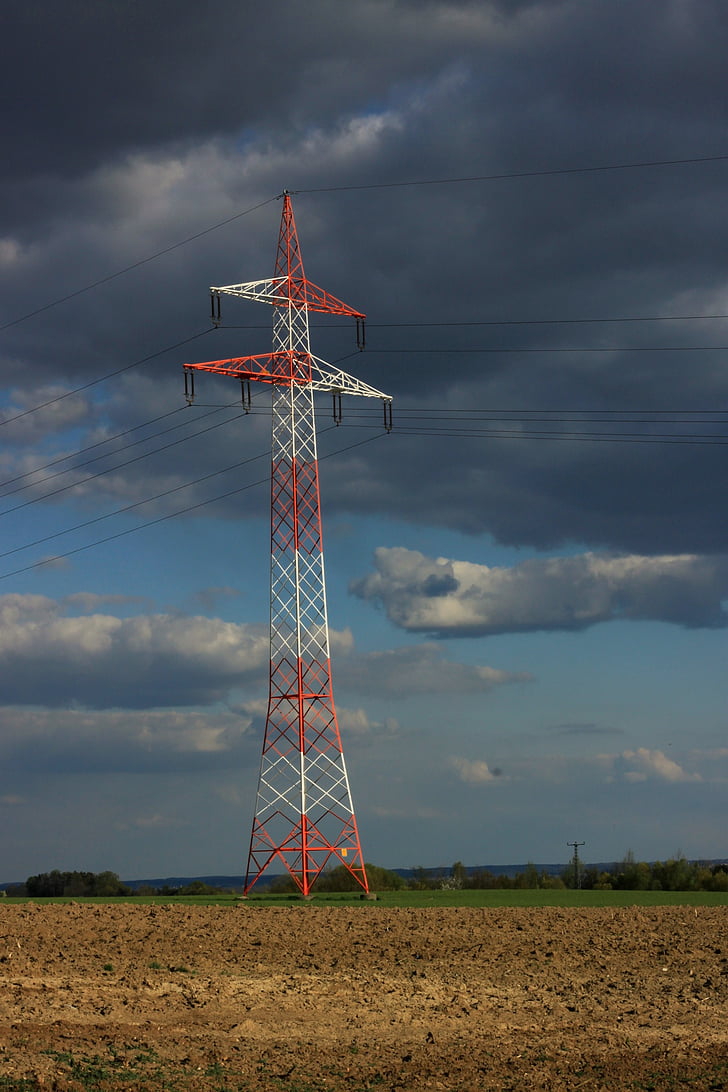 current, mast, strommast, energy, line, red white, sky