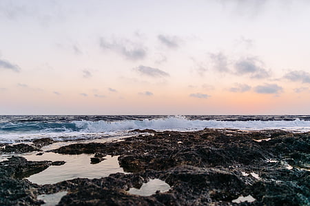 Dawn, hämärä, Horizon, Luonto, Ocean, Rocks, kivikkoista rantaa
