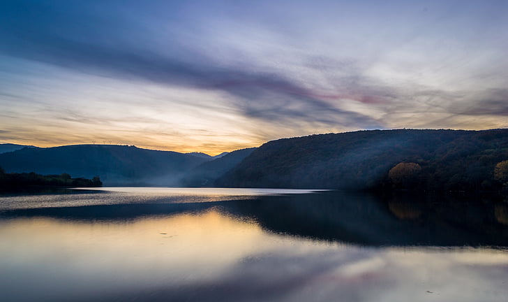 núvols, Llac, paisatge, muntanyes, paisatge, posta de sol, natura