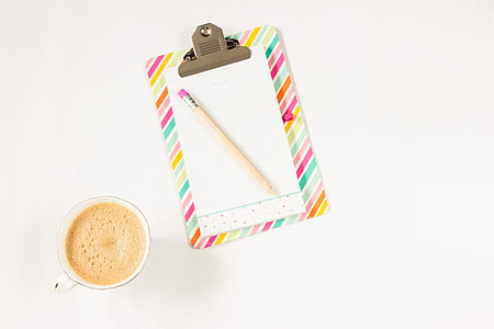 coffee, notebook, pencil, work desk, work, to write, card