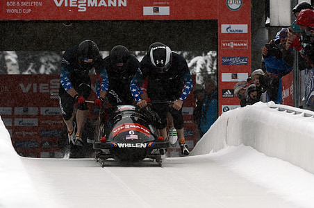 bobsled, competition, team, pushing, snow, sport, athletes
