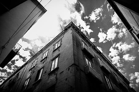 black-and-white, buildings, clouds, crossroad, perspective, sky