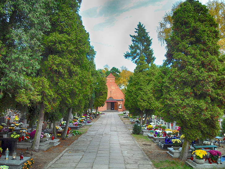 Gdańsk, Lengyelország, temető, Graves, virágok, HDR, fák
