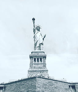 estàtua, llibertat, blau, cel, núvols, escultura, EUA