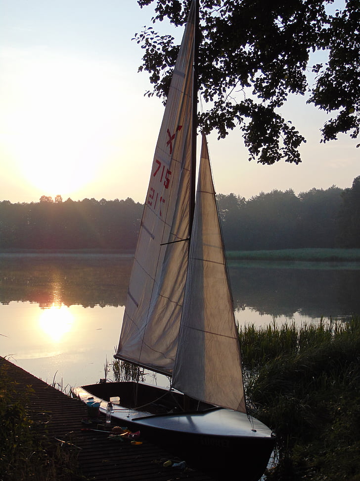 matahari terbit, Danau, perahu layar, Polandia, Fajar, musim panas