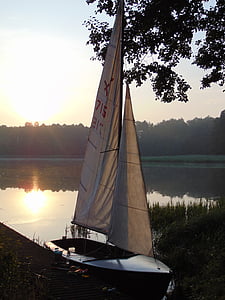 日出, 湖, 帆船, 波兰, 黎明, 夏季