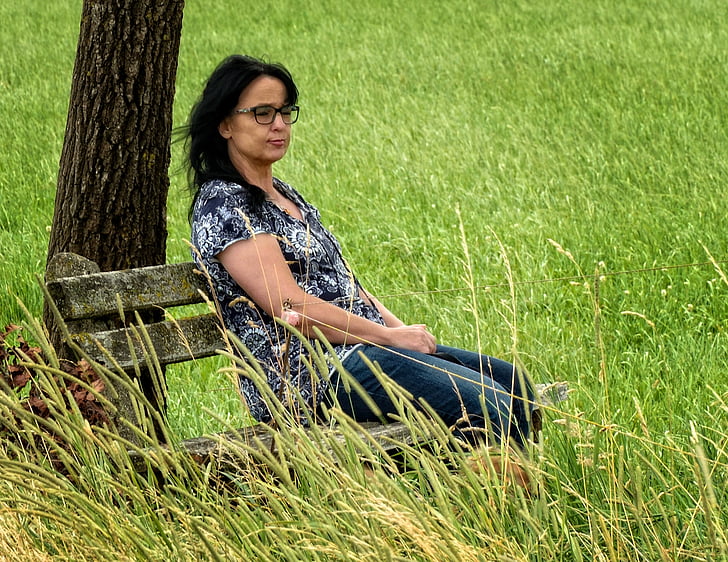 woman, bench, rest, nature, sit, human, relax