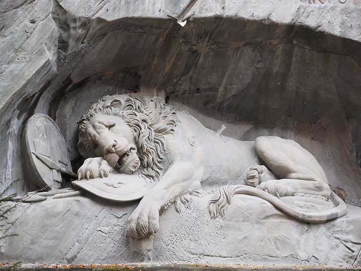 lion monument, monument, lion, dying, relief, swiss conservation, lying