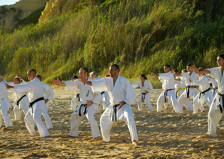 beach, sports, karate, kimonos, training, people, outdoors