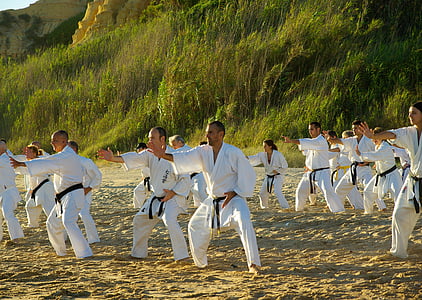 stranden, Sport, Karate, kimonos, utbildning, personer, Utomhus