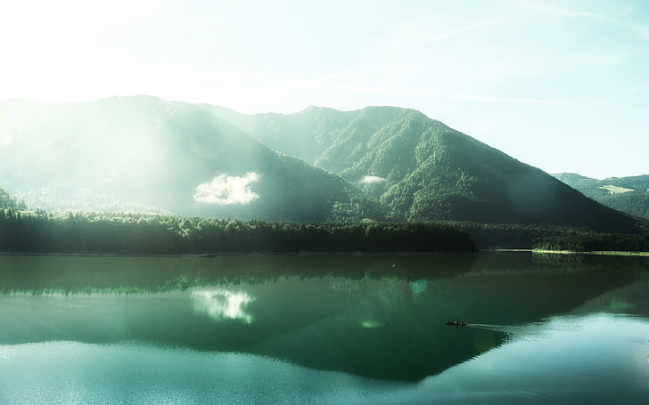 lake, mountain, daytime, cloud, water, lake hill, reflection