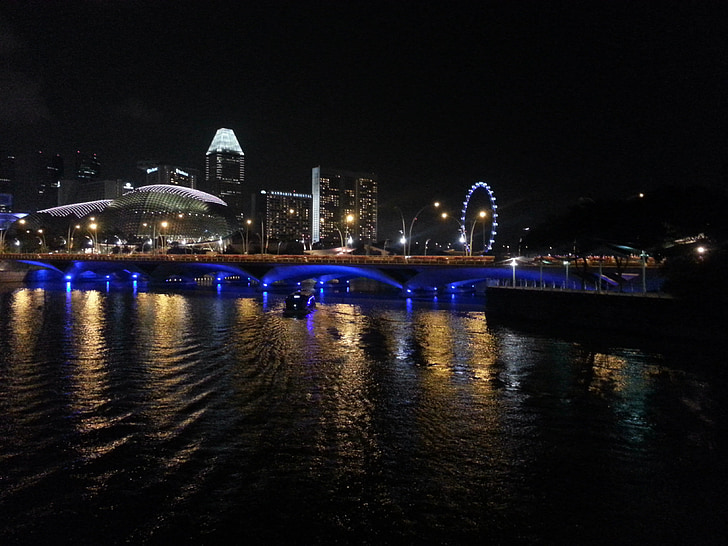 Cingapura, água, à noite, Marco, distrito, céu, moderna