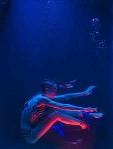 onder water, mode, vrouw, verhoogd, water, tank, beeldende kunst