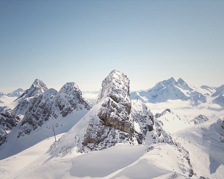 snow, covered, mountain, mountains, peaks, cliffs, rocks