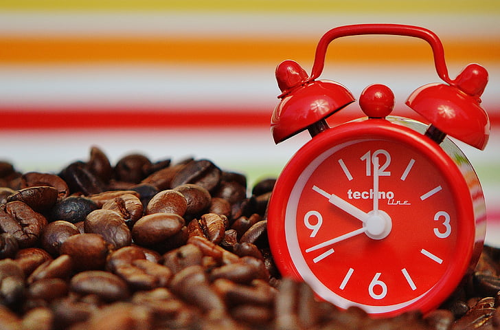 Coffee-break, pausa, relógio despertador, tempo, bebida, Aproveite, beneficiar de