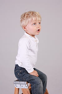 Chlapec, portrét, dítě, sedící, žebřík, Krok žebřík, vyvažování