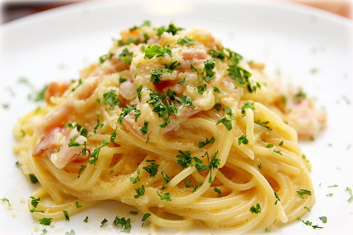 pasta, Carbonara, Spaghetti, Makanan, Makanan, makan malam, piring