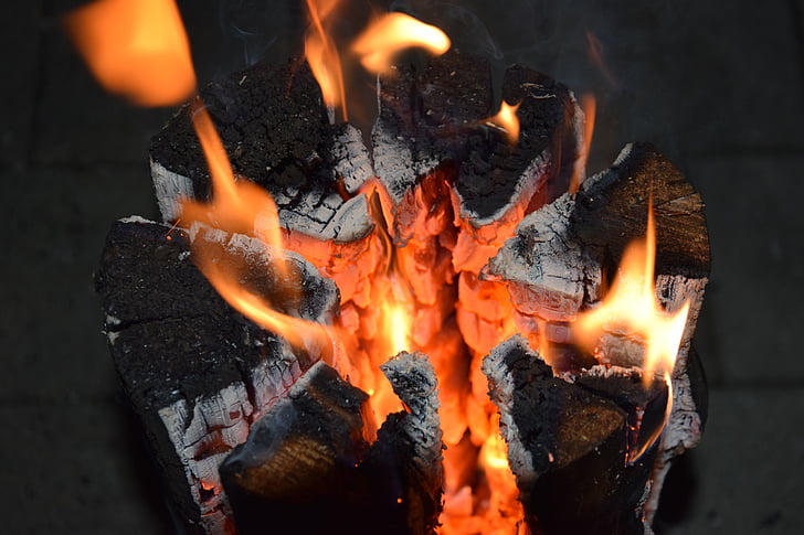 fire, flame, embers, wood, log, burn, heat
