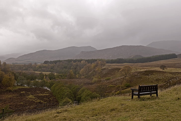 Skotland, landskab, bænk, landskab