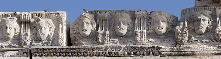 frieze, jellyfishes, heads, antiquity, temple, ruin, corinthian