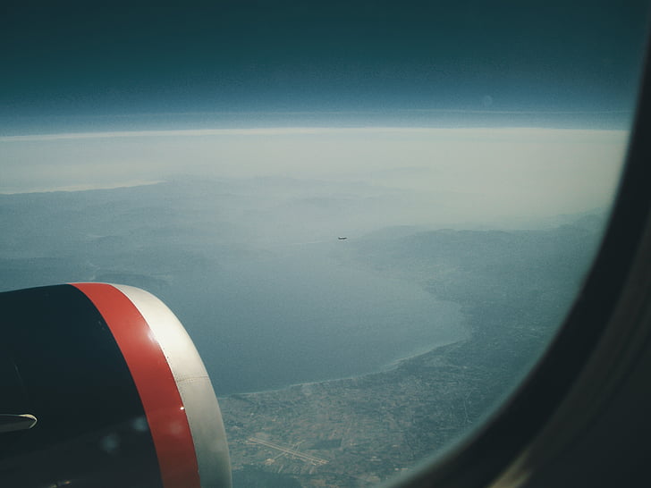 airplane, window, view, showing, body, water, flying