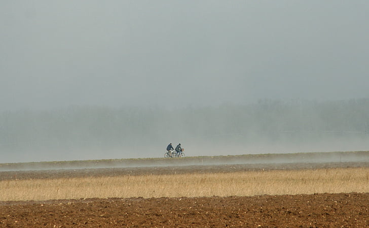 bikes, fields, mist, landscape, field, early in the morning, autumn