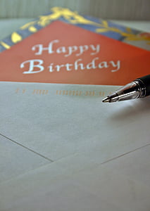 fødselsdagskort, kort, fødselsdag, forlade, pen, hilsen, postkort