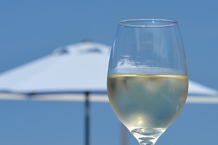 vi, vacances, vidre, cel blau, vi blanc, relaxació, gaudir