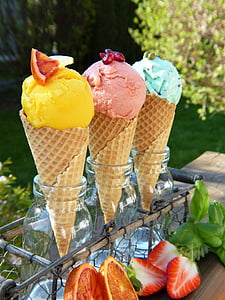 zmrzlina, vafle, jedlo, zmrzlina chutí, von, slnko, ovocie