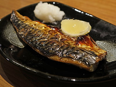 fish, lemon, saba mackerel fish, eat, delicious, grill, black