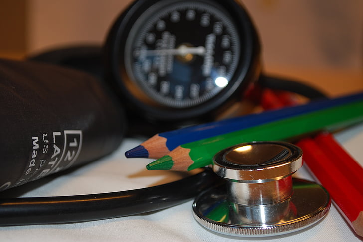 priežiūra, kraujo spaudimas, medicina, stetoskopas, rašikliai, raudona, žalia