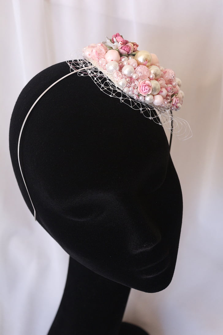 pearls, wedding, bride, pink, ivory, head band, retro